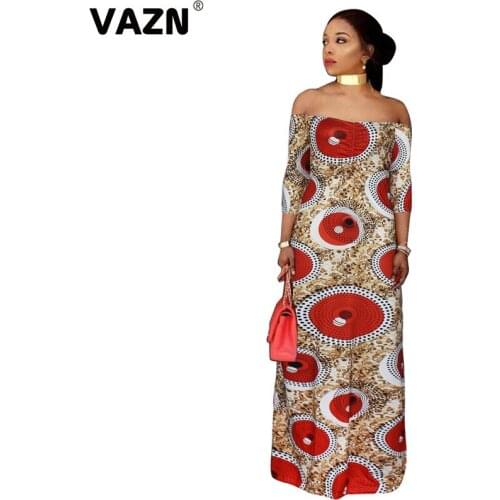 VAZN 2021 New Arrival Plus Size High-end Sexy Club Retro Mature Slash Neck Full Sleeve Women High Waist Thin A-Line Maxi Dress