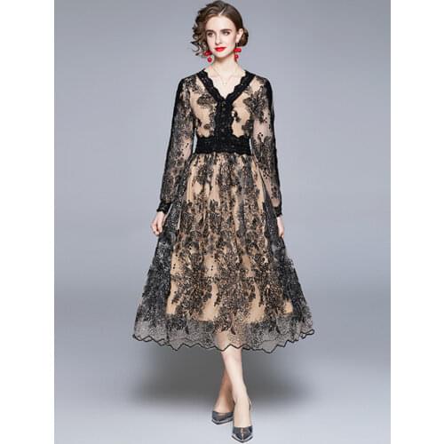 2021 Autumn Mesh Sequined Shining Embroidery Flower Dress Women Runway Lace Trims V-Neck Long Sleeve Evening Party Vestidos