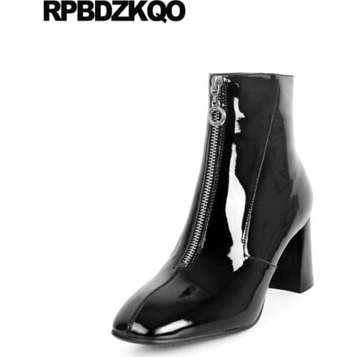 Brand Women Winter Boots Genuine Leather Metal 2017 Autumn Square Toe Short Chunky High Heel Shoes Booties Zipper Quality Patent