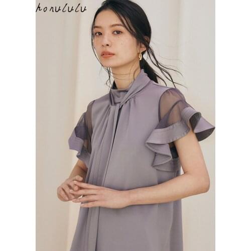 2021 hot sale summer new style Japanese lotus leaf stitching mesh texture shirt ladies tops