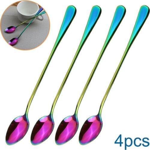 4Pcs Stainless Steel Handle Colorful Spoon Long Handle Spoons Flatware Coffee Drinking Tools Kitchen Gadget Teaspoons
