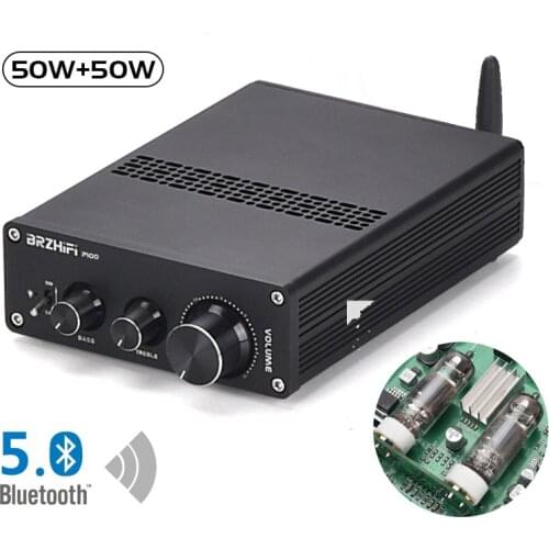 50W + 50W Bluetooth 5.0 6J5 Vacuum Tube Preamplifier Stereo Pre-amplifier With Tone Ajustment Class D Power Integrated Amplifier