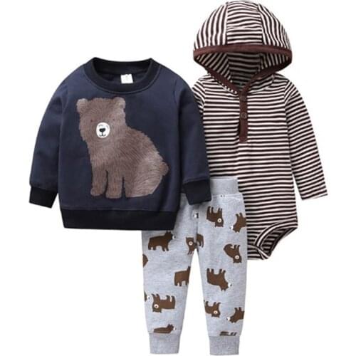 2019 New 3pcs Set Baby Boys Girls Cartoon T-shirt long Sleeved bodysuit Print Pants PP Cotton Newborn stripe Clothing Sets