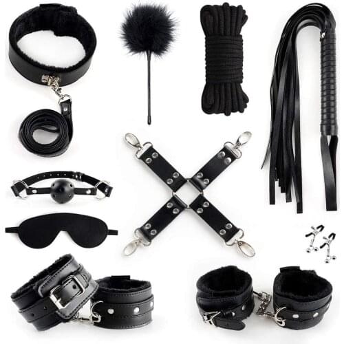 BDSM Bed Restraints for Sex Bondage 10 Pcs Set Furry Leather Bondage Restraints Kits Kinky Sex Toys for Couples Starter Beginner