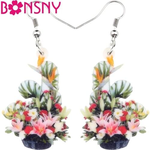 Bonsny Acrylic Colorful Multi Flower Bonsai Earrings Drop Dangle New Fashion Plant Jewelry For Women Girls Novelty Charms Gift