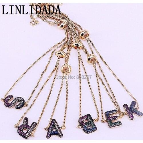 10Pcs Gold Color Micro Pave Colorful CZ A to Z Alphabet Letter Charm Connector Bracelets Initials Letter Slide Chain Bracelet