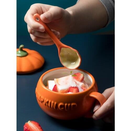 Pumpkin cup ceramic water cup with cover lovely mug large capacity household coffee milk breakfast cup spoon set