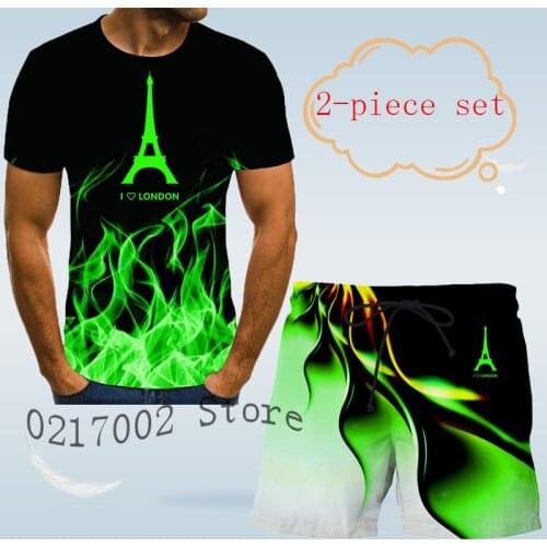 New mens summer tower 3D T-shirt short sleeve casual T-shirt shorts mens sportswear 2pcs T-shirt + shorts mens 2pcs set