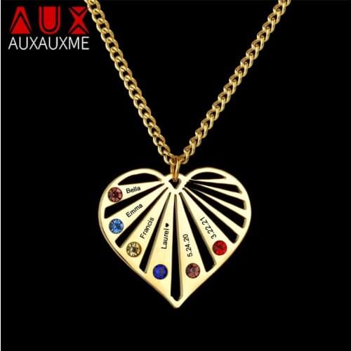 Auxauxme Custom Family Heart Birthstone Name Necklace Stainless Steel Personalized Engrave Name Date Pendant Jewelry Gifts