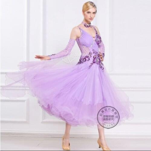 Customize High quality Light purple adult Ballroom Fox trot Quick step tango Modern Waltz competition Dance Stage Dance Dress