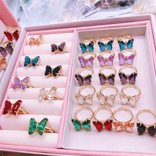 Korean Colorful Butterfly Ring Shiny Crystal Butterfly Design CZ Ring Female Adjustable Open Design Pavé Zircon New Year Gift