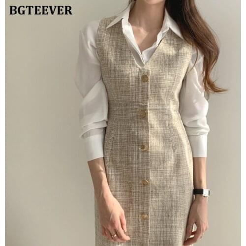 BGTEEVER Autumn Elegant Two Pieces Women Set Long Sleeve White Shirt Blouse & V-neck Single-breasted Sleeveless Plaid Midi Dress