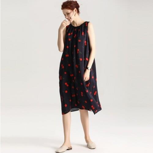 Summer Real Silk Print Dress 100% Mulberry Silk Women Loose One-piece Long Dresses L XL FREE SHIPPING