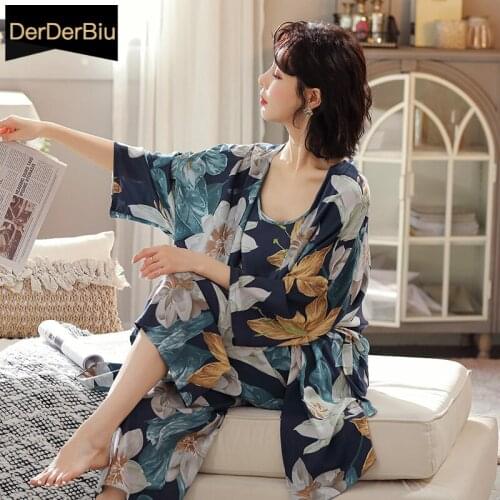 Summer Pyjamas 3-Piece Suit Cotton Satin Kimono Womens Pajamas Bath Robe Sling Sleep Tops Long Pants Fresh Sleepwear Homewear