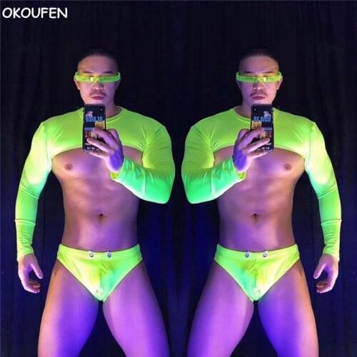 Male Fluorescent Green Sports Sexy Costume Suit New nightclub bar muscle Clothing Stage show performance outfit