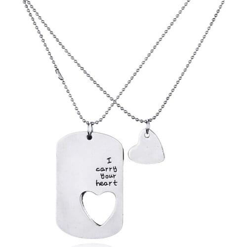 New Fashion "I carry your heart with me" Dog Tag Heart Cut Out Charm Pendant Necklace Couple Necklace Wholesale 20sets/lot