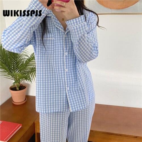 WIKISSPJS 2021 Autumn New Plaid Cardigan Pajamas Two Piece Suit Womens Korean Home Clothes Loungewear Sleepwear Sleep Tops
