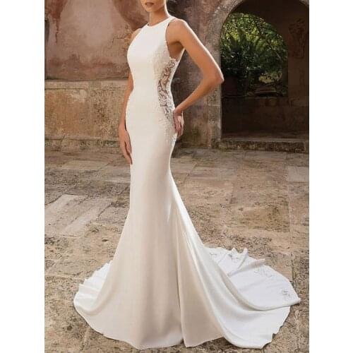 Simple Wedding Dress Lycra Spandex Jewel Neck Sleeveless Lace Mermaid Bridal Dresses