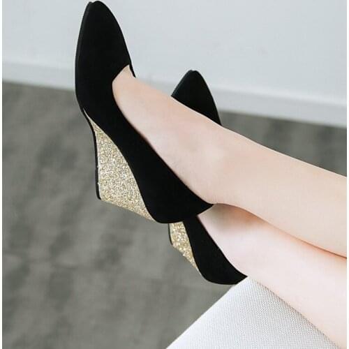 PXELENA Women Pumps Wedge High Heel Shoes Slip On Glitter Sequined Faux Suede Office Ladies Dress Party Work Shoes Female 2019