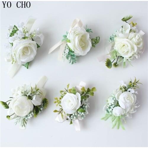 YO CHO Rose Flower Groom Boutonniere Bridal Wrist Corsage White Bridesmaid Bracelet Prom Party Wedding Personal Flower Decor