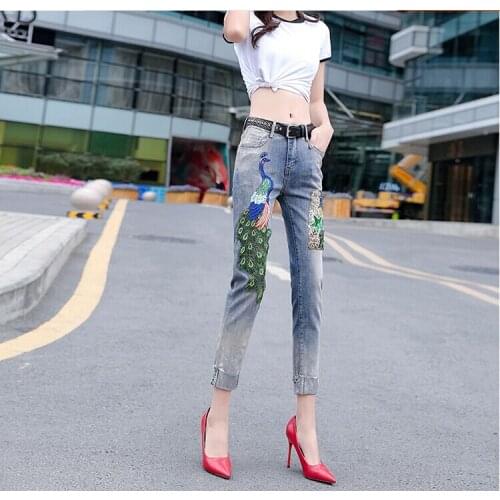 Womens Korean Fashion phoenix embroidery slim jeans Female Sexy Calf-Length thin Pants Plus Size Pencil Pants TB3212