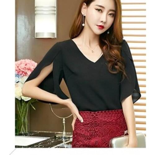 New Women V Collar Blouse Shirt Top Chiffon Ruffle Half Sleeve Sleeve Split Hollow Casual Loose Elegant Blouses Summer