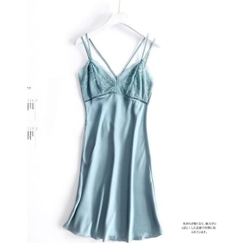 Sexy Satin Lace Womens Nightgown Sleeveless Strap V-neck Sleepwear Solid Mini Gown Cross Bandage Loungewear Intimate Lingerie