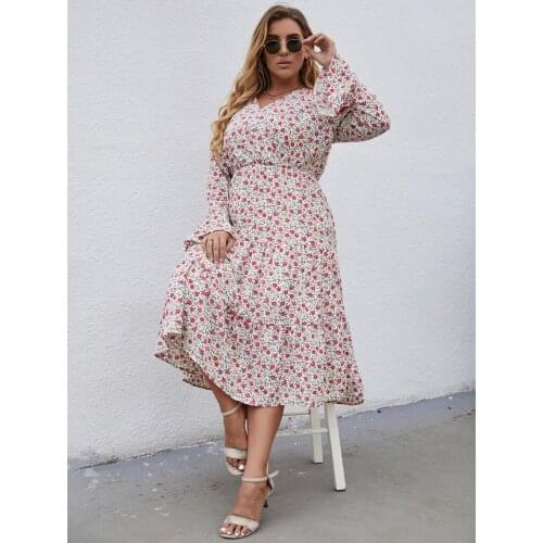 Korean Fashion 2021 Summer Woman Dress Plus Size Female V Neck Long Sleeve Floral Print Casual Dress High Waist Long Dresses