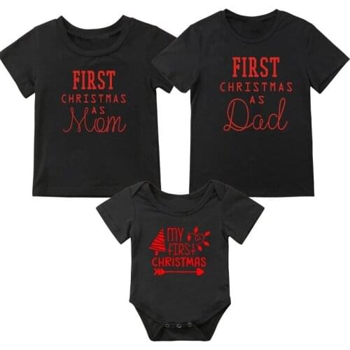 1pc First Christmas As Mom Dad T-shirt Funny Family Matching Tshirts Mommy Daddy Baby Short Sleeve Black T Shirt Clothes
