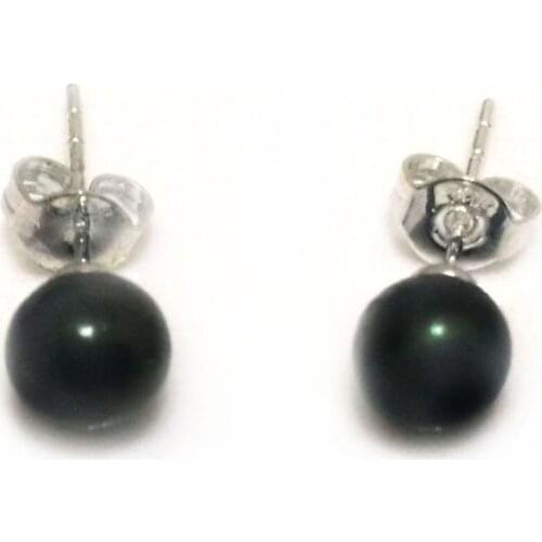 AAA 6-7mm Round Black Natural Freshwater Pearl Earrings with 925 Sterling Silver Post
