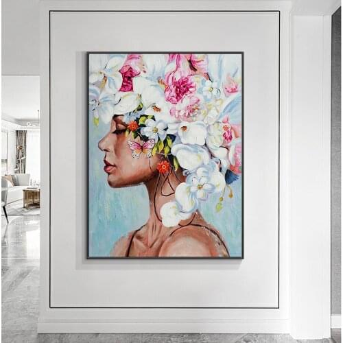 Abstract Woman with Flower Butterfly Canvas Painting Cuadros Posters and Prints Modern Decoration Wall Art for Living Room Decor