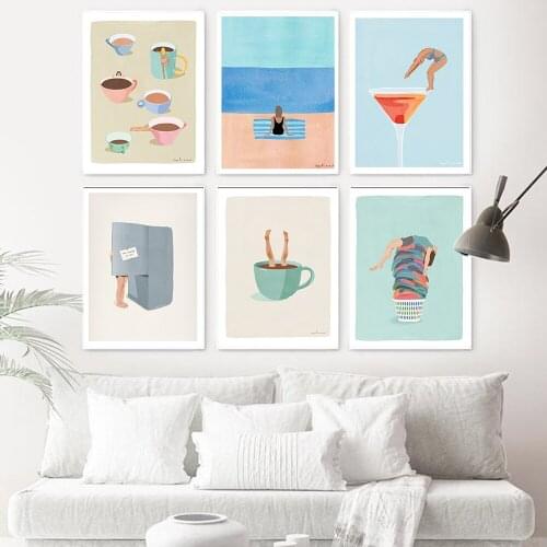 Abstract Nordic Poster Funny Beach Sea Diving Wine Coffee Cup Swim Wall Art Print Canvas Painting Decor Pictures For Living Room