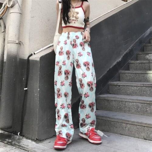 WomenS Wide Leg Pants Autumn Retro Print Design Chic Trousers Elegant Floral Girl Straight High Waist Sports Pants Jogger