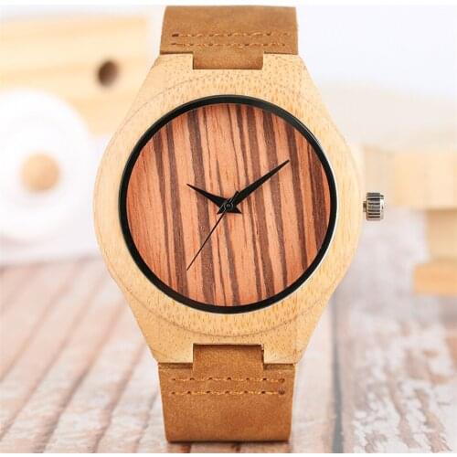 Irregular Stripes Design Bamboo Wood Watch Mens Quartz Wristwatch Brown Genuine Leather Wristband Stylish Casual Male Clock