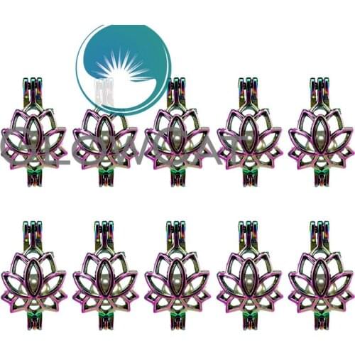 GLOWCAT 10x C52 Rainbow Colors Lotus Flower Beads Cage Jewelry Making Perfume Essential Oil Diffuser Pearl Cage Locket Pendant