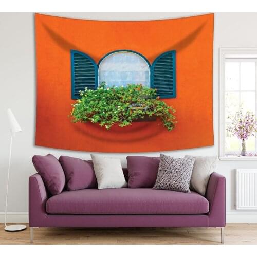 Tapestry Window Box Flowers Orange Painted Wall Countryside Street Bright Colored House Vintage Theme Printed