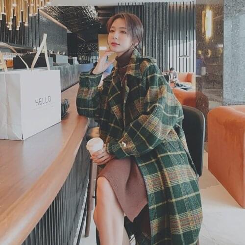 Cotton Thick Retro Plaid Woolen Coat Womens Mid-length Autumn and Winter New Style Korean Loose Woolen Coat