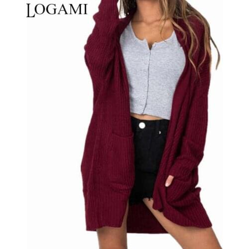 LOGAMI Long Cardigan Women Pocket Long Sleeve Loose Casual Sweater Female Thick Knitted Cardigan