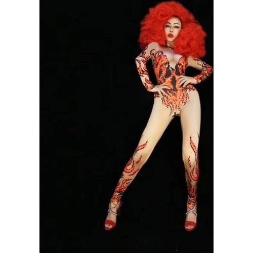 Sparkly Flames Jumpsuits Rhinestones Sexy Bodysuit Stage Performance Female Birthday Celebrate luxurious Singer Costume Wear