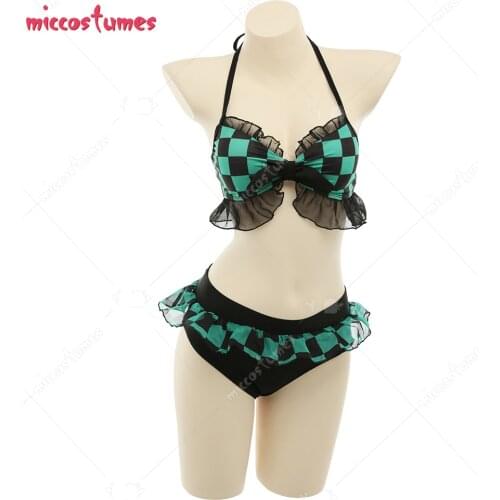 Tanjiro Kamado Halter Grid Ruffled Bikini Top and Shorts Set Swimming Suit Bathing Suit Beach Swimsuit Outfit Cosplay Costume