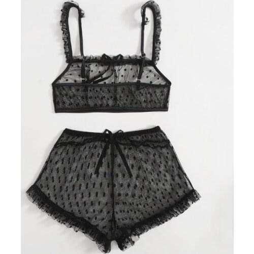 New Women’s Sexy Mesh Perspective Lingerie Fashion Solid Color Lace Decor Top and High Waist Panties 2 Pieces Set