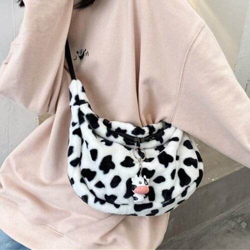 Fashion Cartoon Cow Print Crossbody Bag Women Plush Soft Casual Shoulder Messenger Bag Fluffy Female Handbag Purse