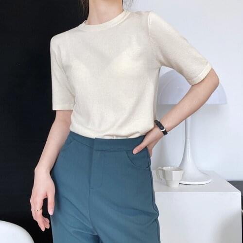 Round Neck Single Color Short Sleeve T-shirt Classical Knitted Pullovers 2021 Spring Women Solid Tshirts Plain Thin Elegant
