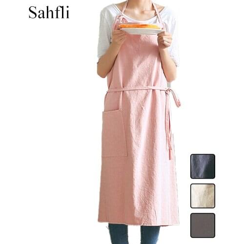 Pure Color ModernSimple Japanese Wind Linen Adult Sleeveless Apron Slim Long Style Baking Overalls Waist Strap Halterneck Design