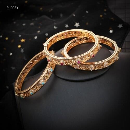 RLOPAY Copper Gold Bangles with Rhinestone Middle East Wedding Bridal Hand Bangles Gold Accessories for Women