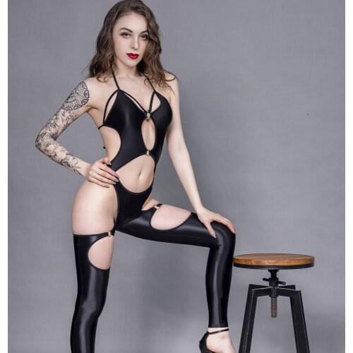 Sexy Women Hollow Out Bandage Bodysuit Ice Silk Shiny Open Crotch Shaping Catsuit Body Stockings Jumpsuit Garter Belt F30
