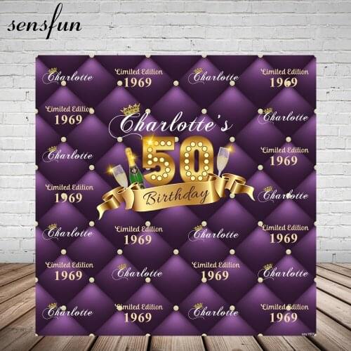Sensfun Purple Theme Happy 50 Birthday Party Backgrounds For Photo Studio Champagne Gold Ribbon Photography Backdrop Custom