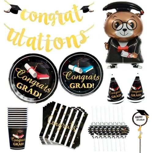 Graduation Decoration Party Tableware Paper Plate Cup Napkin Banner Tablecloth Happy Birthday Graduation Party Balloon Supplies