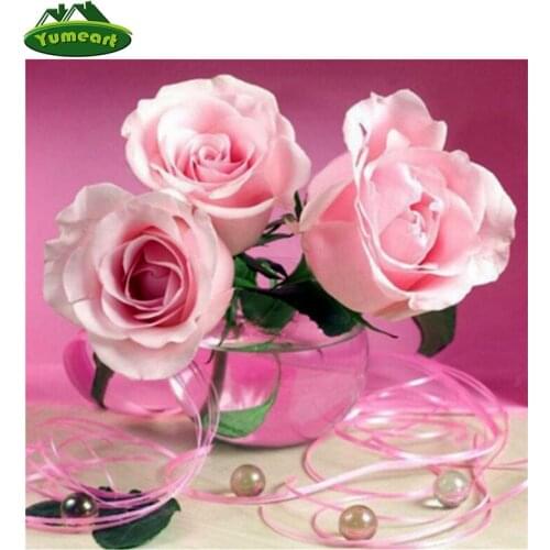 YUMEART 5D Diy Diamond Painting Three Pink Roses Flower Glass Vase Blooms Pattern Cross Stitch Decor Rhinestone Embroidery Kits