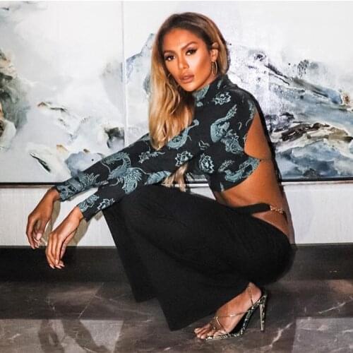 2020 Fashion Trend Women Hot Summer New Long Sleeve Balckess T-shirt Sexy Stylish Print Lace Up Turtle Neck Slim Fit Cropped Top